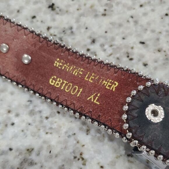 Black and Gold Studded Leather Belt with Ornate Buckle - Picture 5 of 8